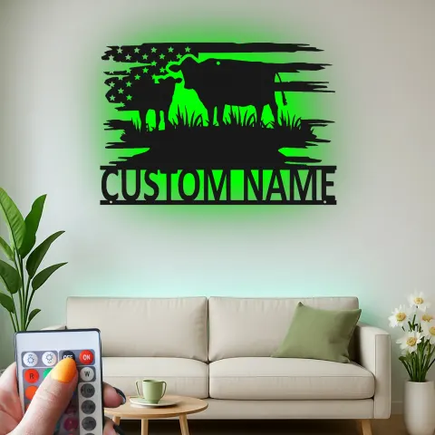 Vista alternativa di Insegna in metallo LED personalizzata con mucca e vitello - Regalo per agricoltori - Decorazione rustica per casa di campagna