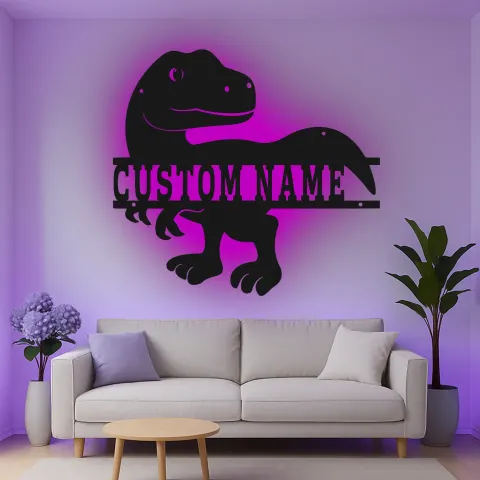 Vista alternativa de Cartel de metal LED de dinosaurio personalizado para la decoración de la habitación infantil, regalo único para amantes de los dinosaurios