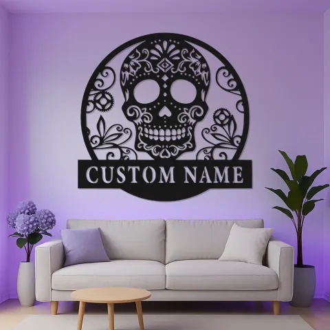 Personalisierte Zuckerschädel-LED-Leuchtschild | Individuelle Metall-Wandkunst für Gothic- & Día de los Muertos-Dekor | Florale Calavera-Namensplakette alternative Ansicht