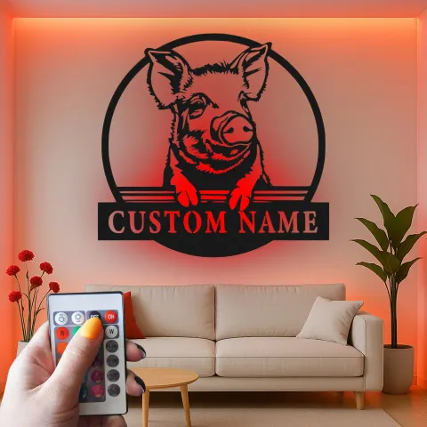 Vue alternative de Panneau LED de Cochon de Ferme Personnalisé | Décoration Murale en Métal Personnalisée | Décor de Cuisine de Ferme et Cadeau pour Agriculteur | Décor Réaliste de Cochon