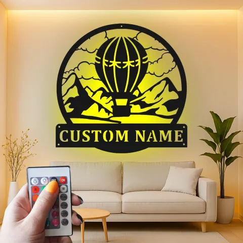 Vista alternativa di Insegna a forma di mongolfiera personalizzata | Arte in metallo LED per nursery | Decorazione avventurosa con nome personalizzato | Regalo per amante dei viaggi