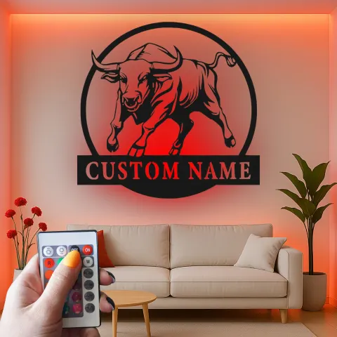 Vista alternativa di Insegna in metallo LED personalizzata con toro - Regalo per allevatori - Decorazione rustica per fattoria 1