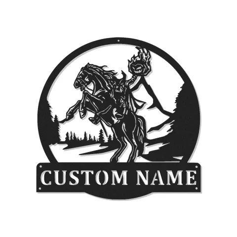 Décoration murale LED en métal Cavalier sans tête | Enseigne gothique Halloween personnalisée | Décor folklorique spooky pour entrée | Plaque de nom sur mesure