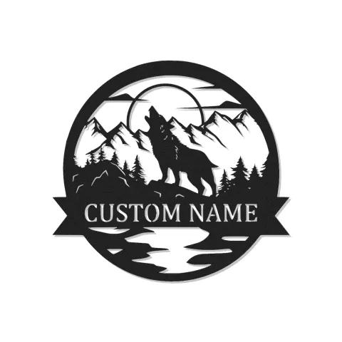 Personalisierte Wolf Heulende Bergszene LED Metall-Wandkunst Geschenk für Naturfreunde Cabin oder Lodge Dekor