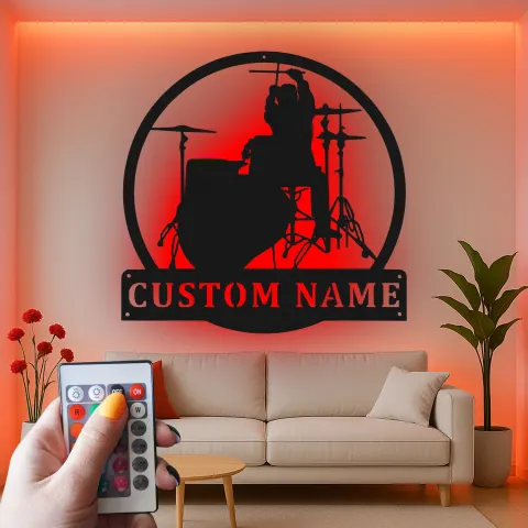 Vue alternative de Décoration murale en métal personnalisée Silhouette de batteur avec rétroéclairage LED Cadeau pour les amoureux de la musique Décor de studio ou de chambre