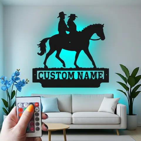 Custom Cowboy Couple on Horse Led Light Metal Wall Art Western Gift for Couples Ranch Home Decor alternate view