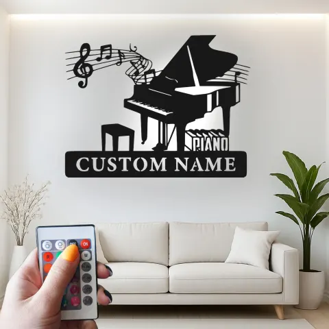 Vue alternative de Décoration murale en métal pour piano personnalisée avec LED | Plaque sur mesure pour salle de musique | Cadeau pour musicien | Silhouette de piano à queue