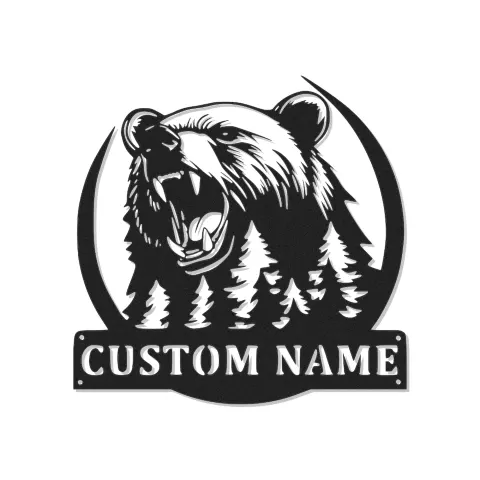 Décoration murale en métal LED personnalisée Forêt d'Ours - Cadeau pour amoureux de la nature - Décor de chalet