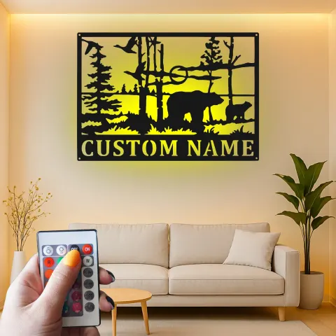 Custom Bear Forest Scene Led Light Metal Wall Art Personalized Wildlife Gift Cabin Decor for Nature Lovers alternate view