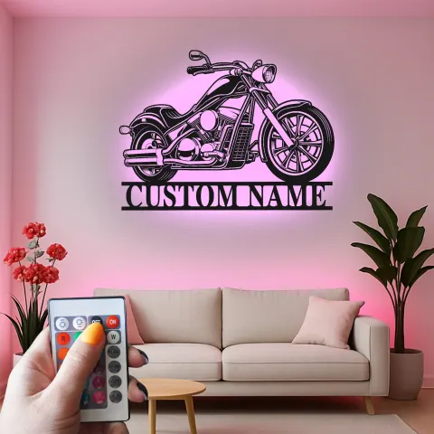Personalisierte Motorrad LED-Leuchte | Laser-Cut Metall-Wandkunst | Vintage Cruiser Dekor für Biker-Garage | Geschenk für Männer alternative Ansicht