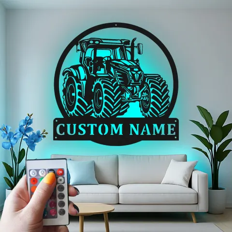 Vue alternative de Décoration murale en métal personnalisée avec rétroéclairage LED pour tracteur - Cadeau pour agriculteur, décoration de maison de campagne pour amoureux de l'agriculture