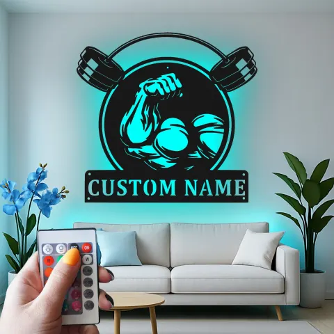 Vista alternativa di Insegna palestra personalizzata con LED | Arte da parete in metallo per sollevamento pesi | Arredo fitness su misura per home gym o studio