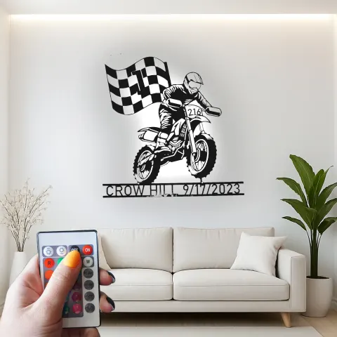 Vista alternativa de Cartel LED personalizado de motocross | Decoración mural de metal para moto de cross | Nombre y número del piloto | Decoración para garaje de deportes de acción