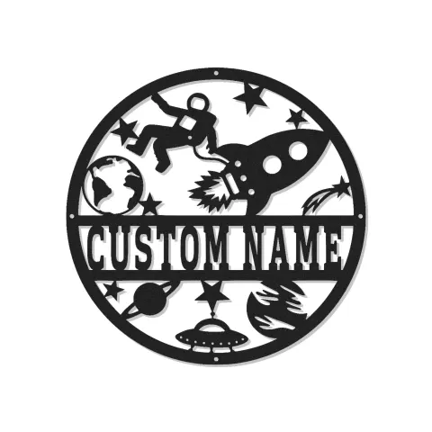 Insegna in metallo personalizzata con astronauta e razzo e luce LED regalo per amanti dello spazio decorazione per camera dei bambini