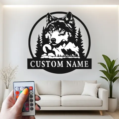 Vue alternative de Décoration murale en métal personnalisée avec lumière LED de loup et forêt
