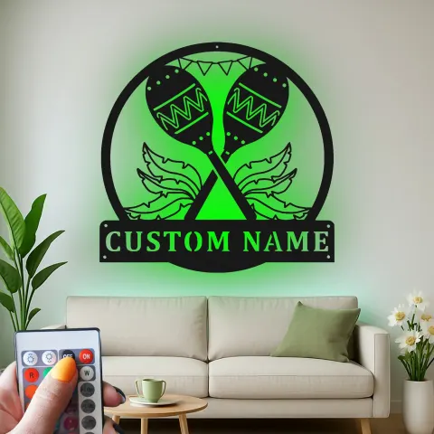 Personalisiertes Maracas-Metallschild | LED-Wandkunst für Liebhaber lateinamerikanischer Musik | Individuelle Namensdekoration für Heimbar & Studio Geschenk alternative Ansicht