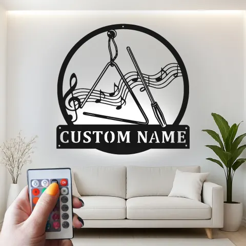 Vista alternativa de Regalo personalizado para profesor de música | Decoración mural de metal personalizada con LED | Decoración para estudio de música | Letrero con nombre de instrumento triangular