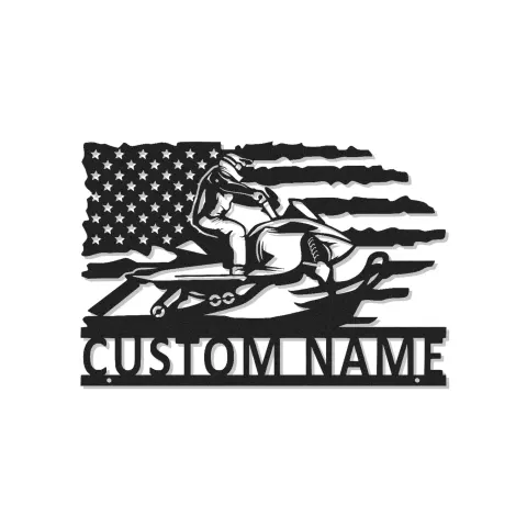 Personalisiertes Schneemobil-Metallschild | LED-Kunst mit amerikanischer Flagge | Winter-Sport-Dekor für die Garage | Geschenk für Schneemobilfahrer