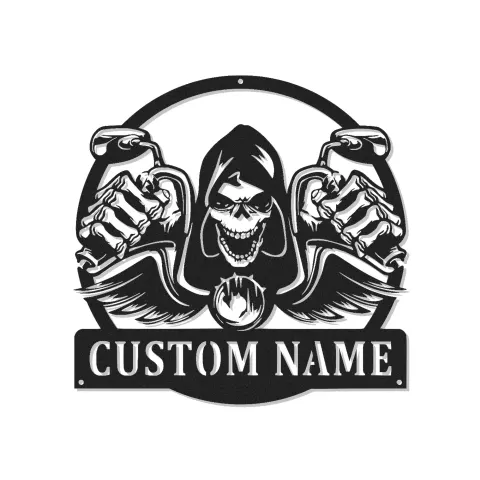 Cartel de metal Grim Reaper en moto | Decoración mural LED personalizada | Placa motera a medida para garaje y cueva del hombre