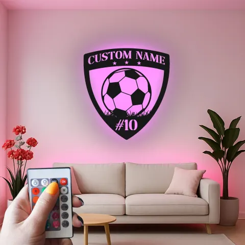 Personalisiertes Fußball-Schild LED-Schild | Individuelle Metall-Wandkunst für das Kinderzimmer | Spielername & Nummer Sportdekoration Geschenk alternative Ansicht