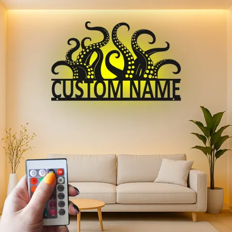Individuelles LED-Schild mit Oktopus-Tentakeln | Personalisierte Metallnamenkunst | Nautische Geschäft & Küstendekoration | Geschenk für Ozeanliebhaber alternative Ansicht