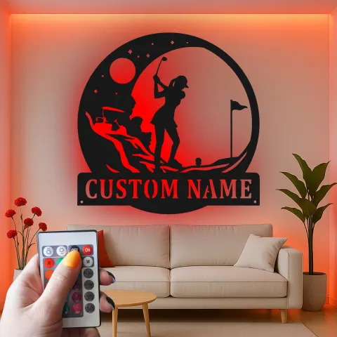 Personalized Golfer LED Sign | Custom Metal Wall Art for Home & Office | Golf Lover Gift alternate view