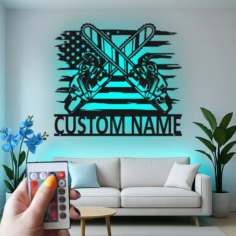 Vue alternative de Décoration murale en métal personnalisée scie à chaîne drapeau américain