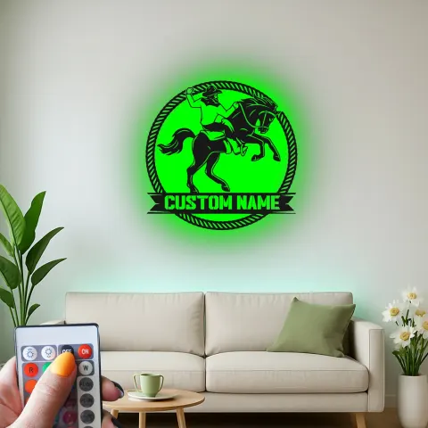 Vue alternative de Décoration murale en métal personnalisée avec cowboy et cheval en rétroéclairage - Cadeau western pour les amoureux de ranch, décoration rustique de maison