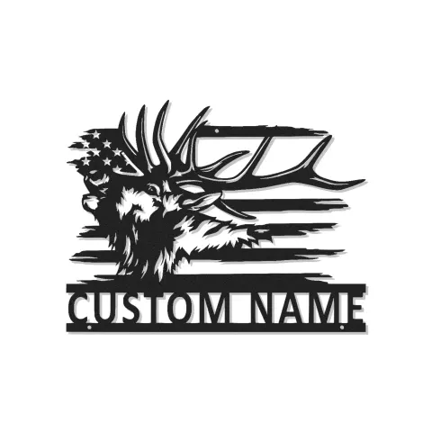 Personalisierte Elch-LED-Metall-Wandkunst mit amerikanischer Flagge – Geschenk für Jäger, rustikale Hüttendeko