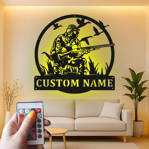 Vue alternative de Décoration murale en métal personnalisée pour chasseurs avec canards avec éclairage LED