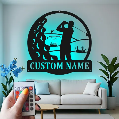 Vue alternative de Panneau métallique personnalisé pour golfeur | Décoration LED avec prénom | Cadeau pour amateur de golf | Déco de man cave et bar à domicile
