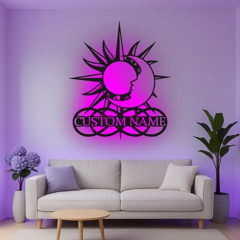 Vista alternativa de Cartel de metal personalizado con luz LED de sol y luna regalo celestial personalizado decoración de dormitorio o salón