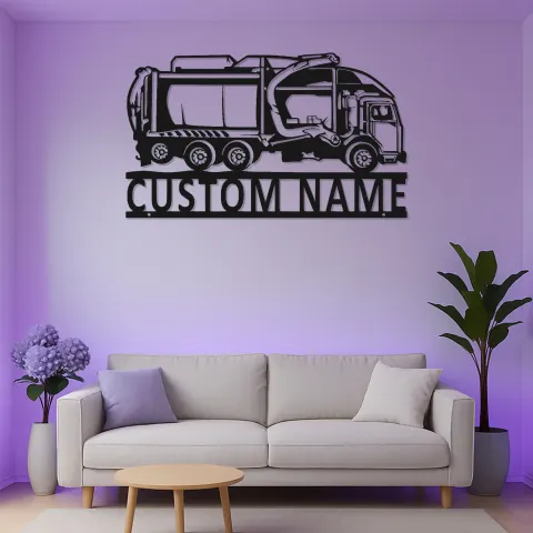 Vue alternative de Enseigne LED en métal camion poubelle personnalisée | Décoration murale avec prénom | Cadeau pour agent de propreté | Déco gestion des déchets