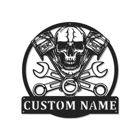 Personalisierte Schädel LED Metall Schild | Individuelle Kolben & Schraubenschlüssel Wandkunst | Mechaniker Garage Dekoration für Ihn | Man Cave Schild