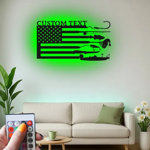 Vue alternative de Panneau LED drapeau de pêche sur mesure | Décoration murale en métal personnalisée | Cadeau patriotique pour pêcheur | Déco maison de lac