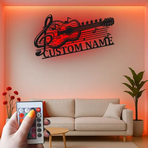 Personalized Guitar Metal Sign with LED | Custom Music Notes Wall Art | Musician Name Plate for Studio Decor alternate view