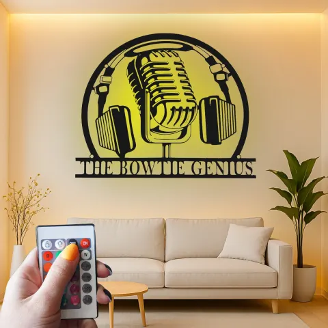 Individuelles Podcast-Mikrofon-Schild | LED Metall-Wandkunst für Musikstudio | Vintage Mikrofon Dekor für Podcaster, DJ Geschenk alternative Ansicht