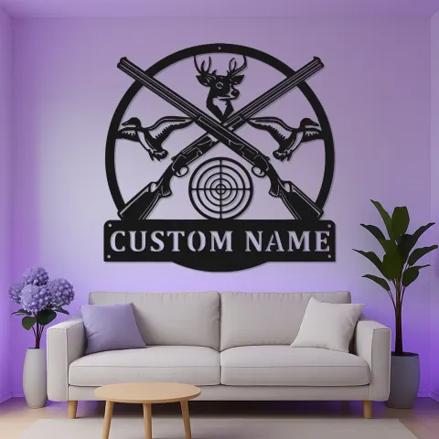 Vista alternativa de Cartel de metal LED de caza personalizado | Arte mural de ciervo y escopeta personalizado | Decoración de cueva de hombres rústica | Regalo único para cazadores