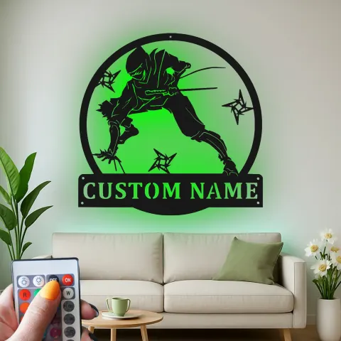 Vista alternativa di Insegna LED Personalizzata Ninja Warrior | Arte Murale in Metallo Personalizzata | Decorazioni per Arti Marziali per Stanza da Gioco e Dojo