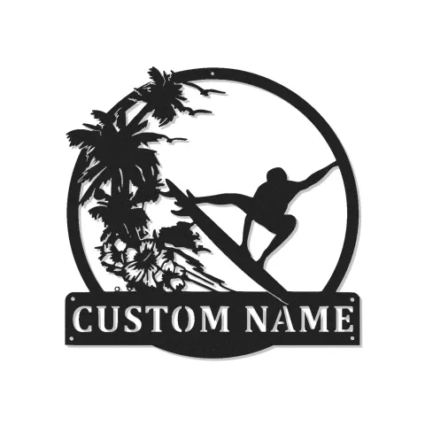 Custom Surfer Metal Wall Art | Personalized LED Beach House Decor | Tropical Wave Silhouette Sign | Gift for Ocean Lovers