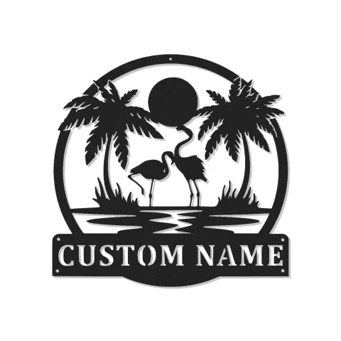 Cartel LED de flamenco personalizado | Arte mural de metal para patio y piscina | Decoración de palmera tropical