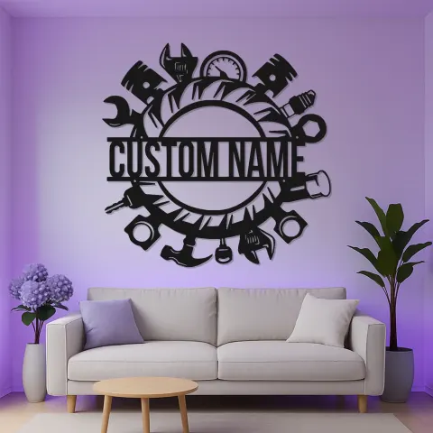 Vista alternativa di Insegna da Garage Personalizzata con LED | Insegna in Metallo per Strumenti da Meccanico | Decorazione per Officine per Appassionati di Auto
