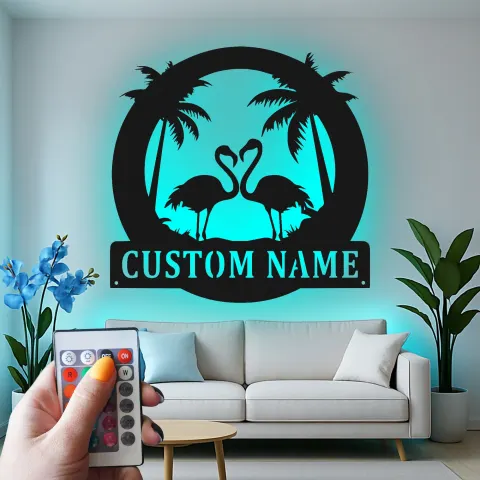 Personalized Flamingo Metal Sign | LED Tropical Wall Art | Custom Beach House Name Decor | Coastal Home Gift for Her alternate view