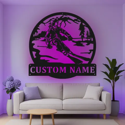 Vista alternativa de Cartel de metal LED esquiador personalizado regalo de esquí para entusiastas de deportes de invierno decoración de cabaña o refugio 1