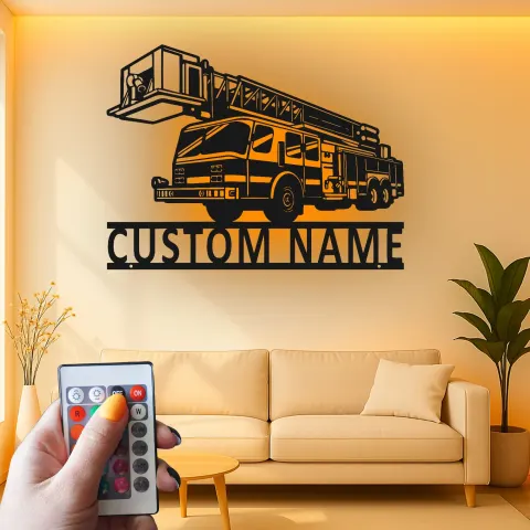 Vista alternativa di Insegna LED personalizzata con camion dei pompieri | Arte in metallo personalizzata per vigili del fuoco | Arredo murale per caserma | Regalo per soccorritori