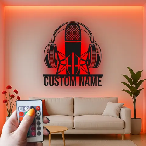 Custom Podcast Mic Sign | Personalized LED Metal Wall Art | Studio Decor for Podcaster & Musician Gift alternate view