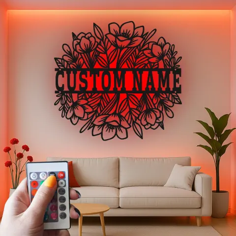 Vista alternativa di Insegna floreale personalizzata con nome e LED | Decorazione murale in metallo personalizzata per lei | Arredo moderno boho per cameretta e soggiorno