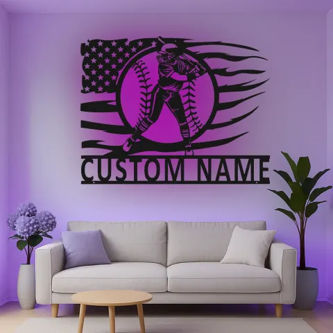 Vista alternativa di Insegna in metallo personalizzata per giocatore di softball con luce LED regalo per atleti decorazione per stanza sportiva 1