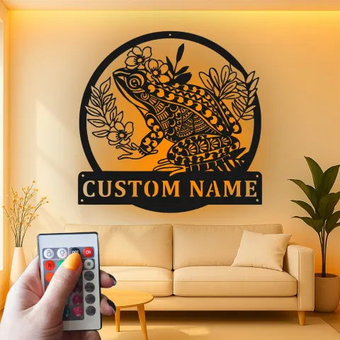 Vista alternativa de Cartel LED personalizado con rana | Arte mural de metal a medida | Regalo para amantes de la naturaleza para jardín y patio | Decoración caprichosa de anfibios