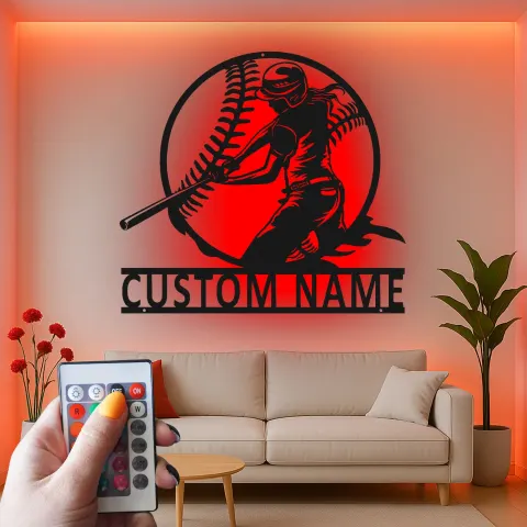 Vista alternativa de Cartel de metal personalizado de jugadora de softball | Arte mural LED para habitación de chicas | Decoración deportiva con nombre personalizado | Regalo para atleta femenina